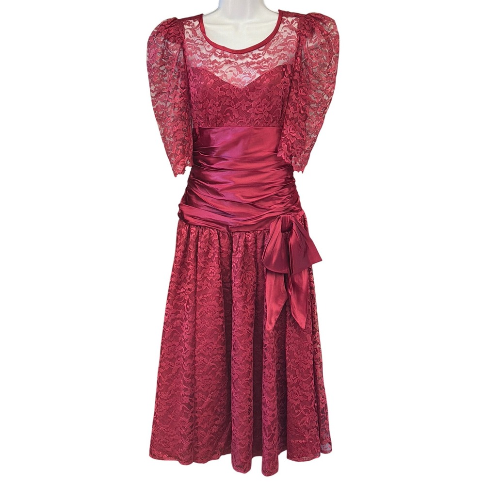 80s ILGWU Lace Satin Cocktail Dress Prom Party Regencycore Gothic Romance